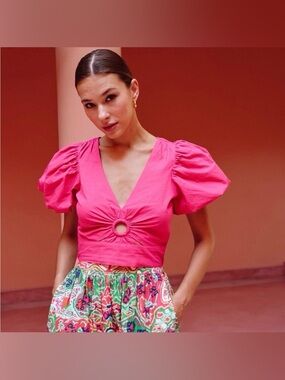 NWT Cleobella Avila Top Magenta Pink XS Cotton Puff Sleeve Crop Cutout Preppy